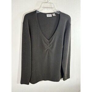 Chico’s Travelers Black Gold Metallic V neck Sz 3  X-Large Womans Blouse Stretch